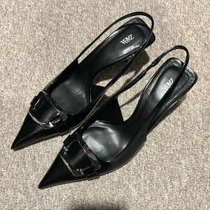 Zara Black Pointed Toe Slingback Heels with Buckle Detail
